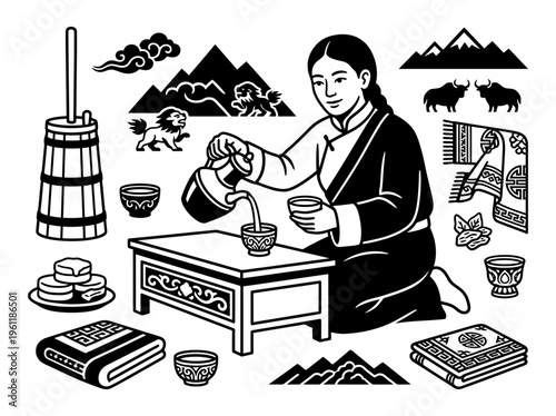 Uzbek baker preparing bread at tandoor oven line art