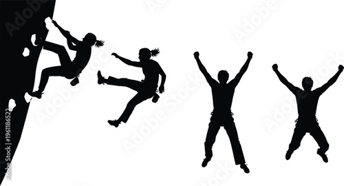 Rock climbing silhouettes set with climbers scaling wall and celebrating success poses isolated on white background, adventure sport illustration for training and design use