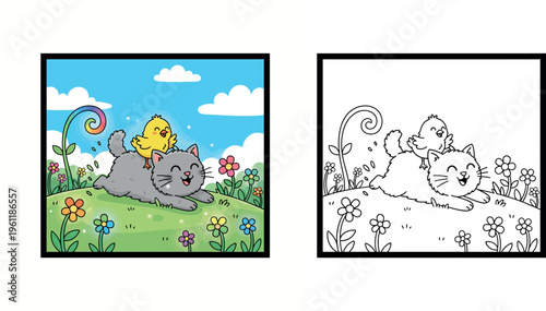 Cute cartoon grey cat running with a yellow chick on its back in a colorful flower meadow under a blue sky
