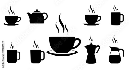 Cups and teapots black silhouette set with steam rising, coffee and tea icons featuring cup, teapot, icon with hot and beverage elements for drink,