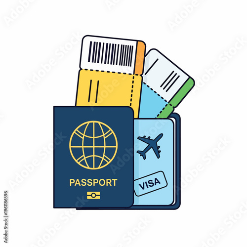 Passport with travel documents and visa.