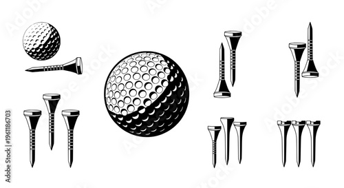 Golf balls and tee set with black and white dimpled golf balls and metal golf tees featuring sports equipment, golfing, illustration with vector and