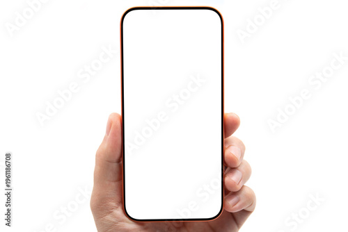 Orange man hand Phone white background isolated screen copyspace mockup