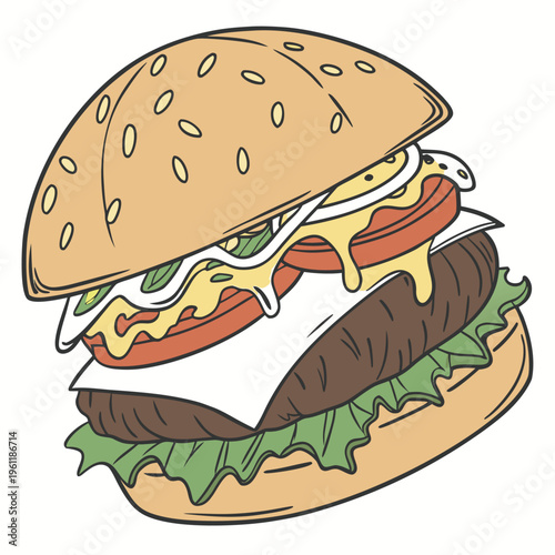 Delicious beef burger with fresh lettuce, tomato, and cheese on a sesame seed bun