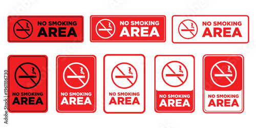 No smoking sign collection. Prohibition signs with cigarette, electronic cigarette and smoke symbols and text. Smoking forbidden notices for public places. vector illustration