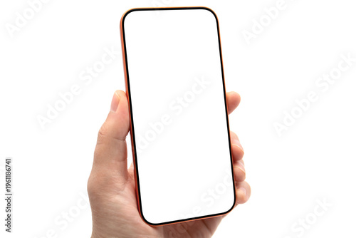 Orange man hand Phone white background isolated screen copyspace mockup