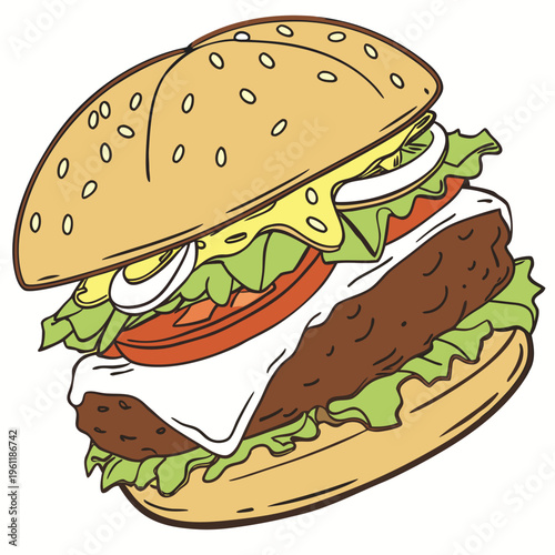 A colorful and appetizing burger with fresh lettuce, tomato, and cheese on a sesame seed bun