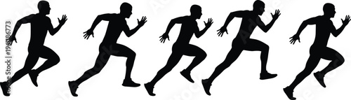 Running athlete silhouette sequence showing sprint motion phases isolated on white background, dynamic speed training and fitness action collection for sport performance and design use