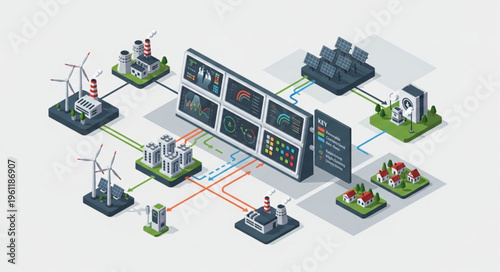 Isometric Smart Grid Illustration - Energy Management and Distribution System.