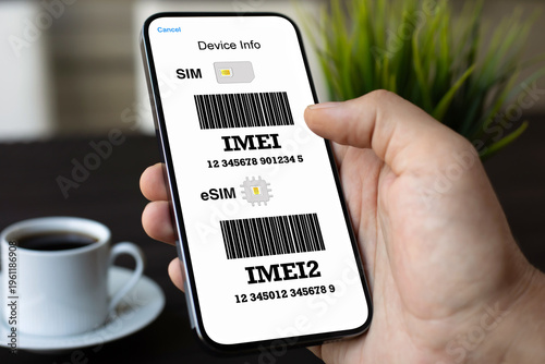 Phone IMEI screen SIM eSIM device info barcode male hand