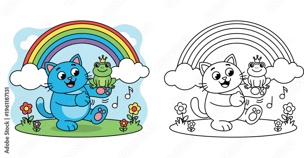 Naklejka premium Cute cartoon blue cat holding a frog prince with crown under a rainbow, funny animal friends dancing