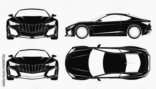Luxury sports car vector - front, side, top views