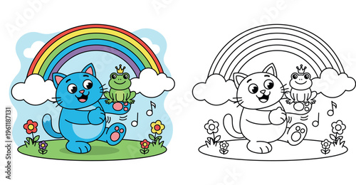 Cute cartoon blue cat holding a frog prince with crown under a rainbow, funny animal friends dancing