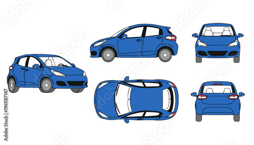 Blue compact car vector - front, side, top views