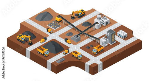 Isometric Mining Operation Illustration with Heavy Machinery and Processing Plants.
