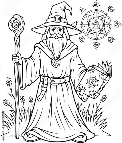 Wise wizard holding staff and ancient tome amidst mystical symbols and nature isolated on white background, Vector
