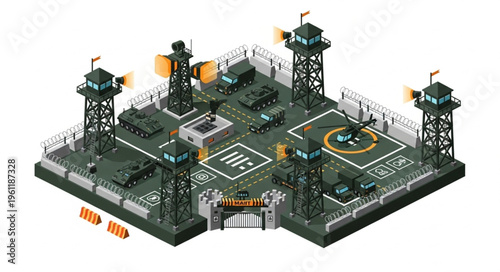 Isometric Military Base with Vehicles and Security Towers Illustration.