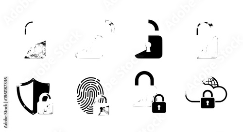 Security icons set with various lock and protection symbols featuring symbol, digital, safety with privacy and data elements for encryption, password