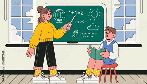 Teacher explaining math on blackboard to student, diverse le