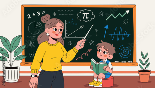 Teacher showing math on blackboard to student in classroom