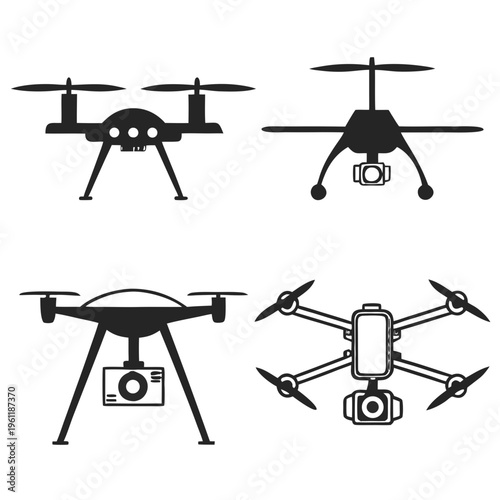 Set of drone icons with cameras for aerial photography