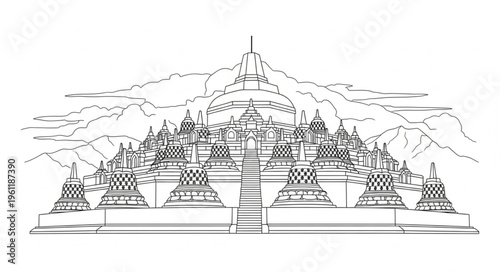 Detailed Line Art Depiction of Borobudur Temple in Indonesia.