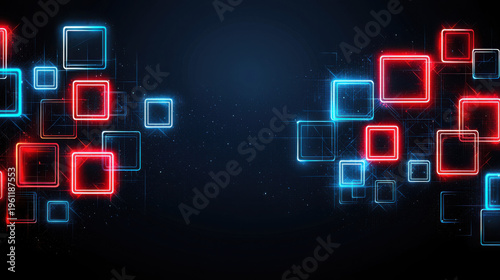 Neon Red and Blue Squares on Dark Background for Digital Design