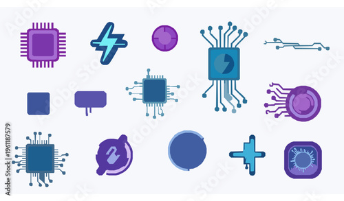 Futuristic electronic circuit icons set with glowing microchip digital network and neon technology elements