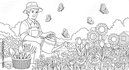 A cheerful gardener tending to a vibrant and blooming flower garden with butterflies around isolated on white background, Vector