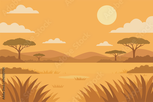 Paisagem minimalista de savana africana ao pôr do sol - Vetor 