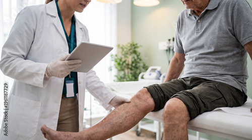 A doctor examines an elderly man's leg for varicose veins in a medical clinic. Focus on vascular health and care