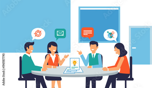 Diverse business team brainstorming in colorful vibrant lighting around round table for corporate