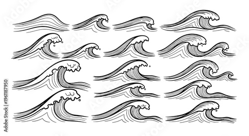 Waves hand drawn collection with detailed brush strokes, representing ocean, sea and water elements in a monochrome style.