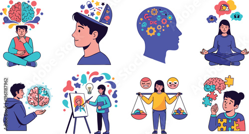Mental health awareness vector set featuring brain emotions meditation therapy creativity balance and psychology concepts for wellness design