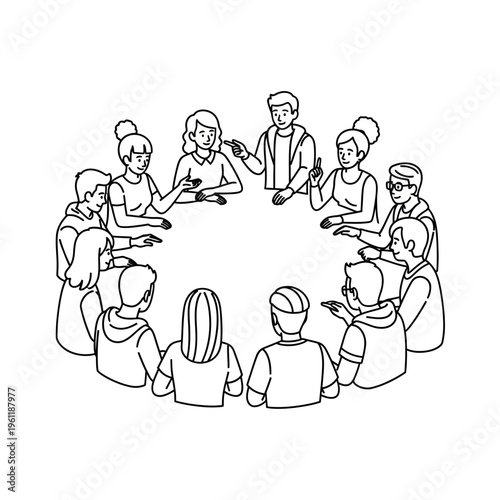 People sitting in a circle talking.