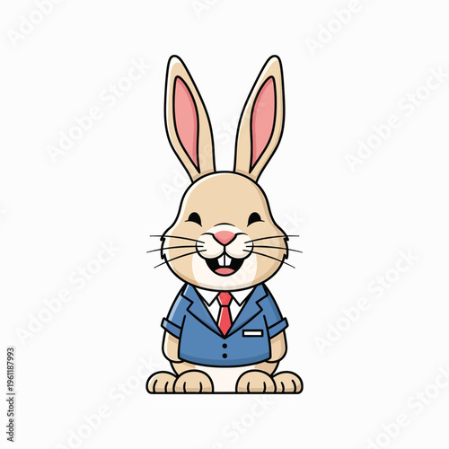 Smiling Cartoon Rabbit Wearing Blue Shirt.