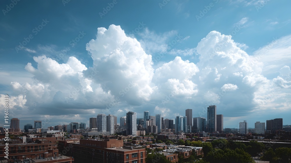 Obraz premium Expansive modern city skyline beneath dramatic cumulus clouds on a bright clear day