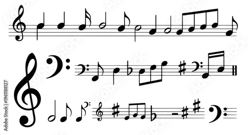 Musical notes and symbols with treble and bass clefs, sharps and flats on staves. featuring staff, sheet music, rhythm with tempo and melody elements