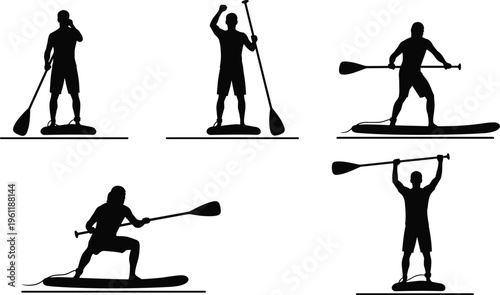 Stand up paddleboarding silhouette set showing paddling action poses on water isolated on white background, outdoor water sport collection for fitness, adventure, and recreation design use