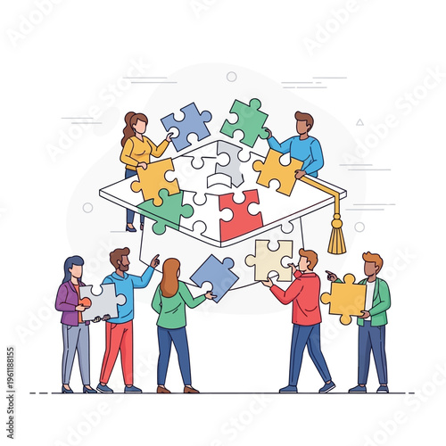 People working together on jigsaw puzzle.