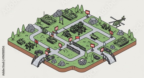 Isometric Military Base Illustration with Tanks, Helicopters, and Barracks.