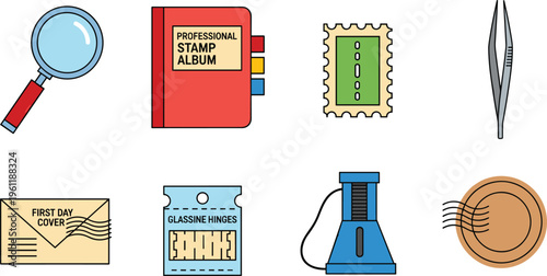 Stamp Collecting Philately Equipment Set with Album Magnifier Tweezers Envelope Hinges Perforation Gauge and Collector Tools Vector Illustration