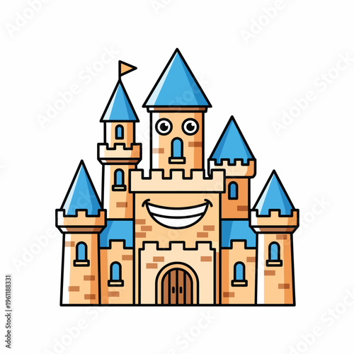 Smiling Cartoon Castle with Blue Roofs.