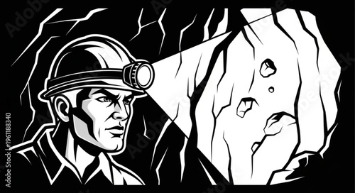 Miner with Headlamp Inspecting Rock Formation in Underground Mine.