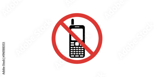 A vector graphic illustration of a mobile phone with a red prohibition sign on transparent background
