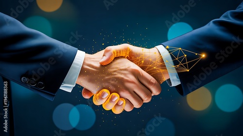 Business handshake with digital network connection partnership agreement concept