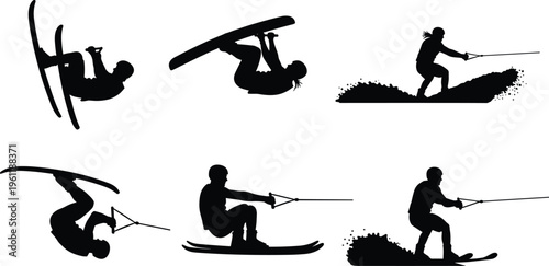 Water skiing and wakeboarding silhouette set showing dynamic jumps and tricks isolated on white background, extreme water sport action collection for recreation, adventure, and design use