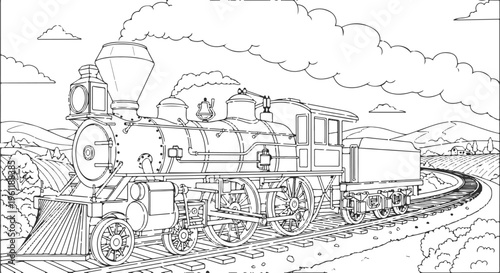 Vintage steam locomotive traveling through scenic countryside landscape isolated on white background, Vector