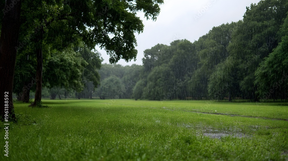 Fototapeta premium Lush green park landscape with falling rain and water puddles on a cloudy day
