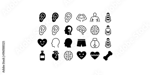 A set of black and white vector icons representing health and wellness on transparent background